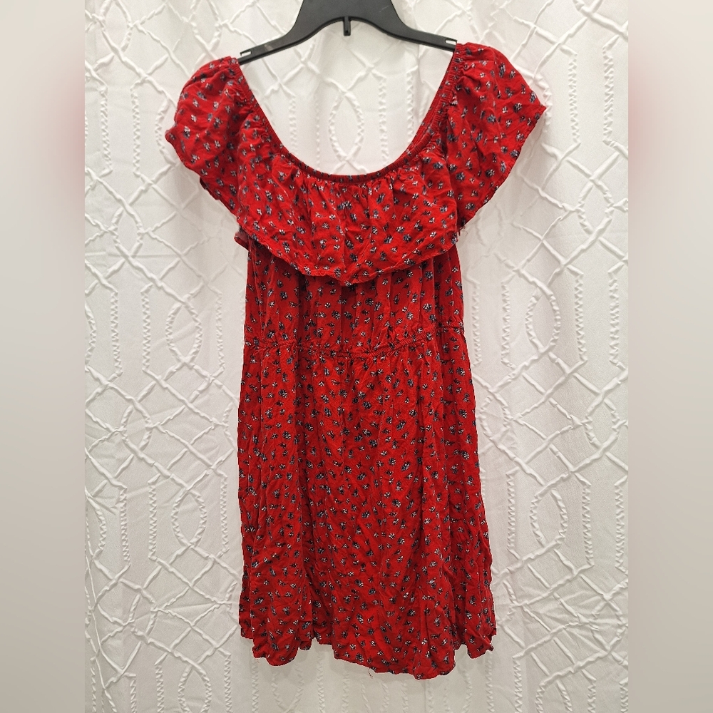 No Boundaries Y2K Vintage Red Floral Bib Dress On Or Off Shoulder XL 100% Rayon